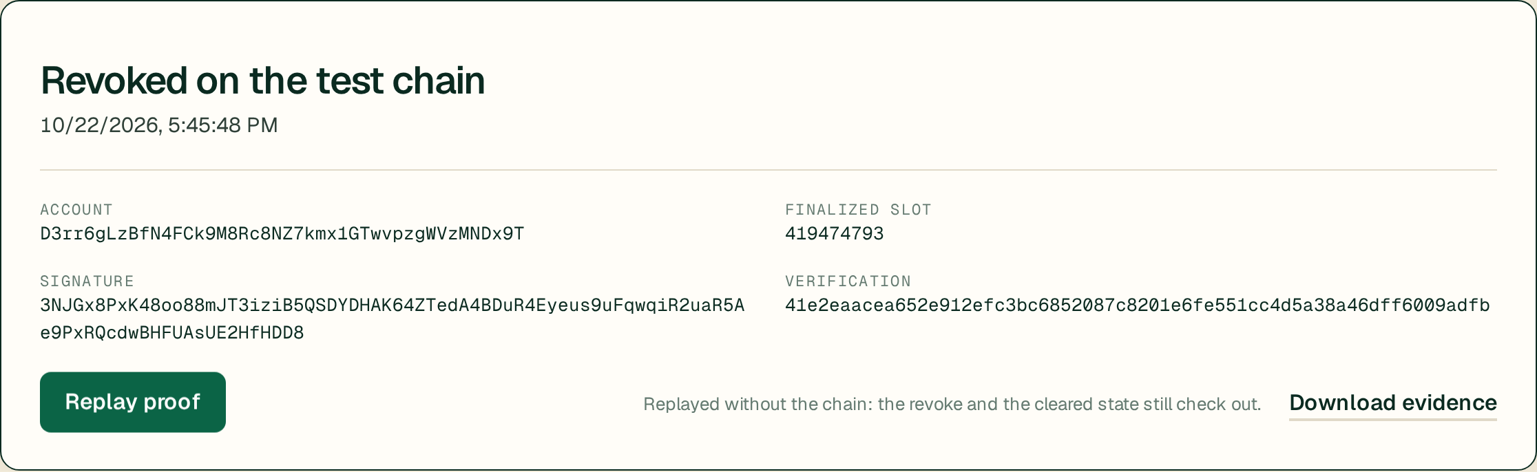 Receipt: Revoked on the test chain, with account, finalized slot, signature, verification ID and a Replay proof button.