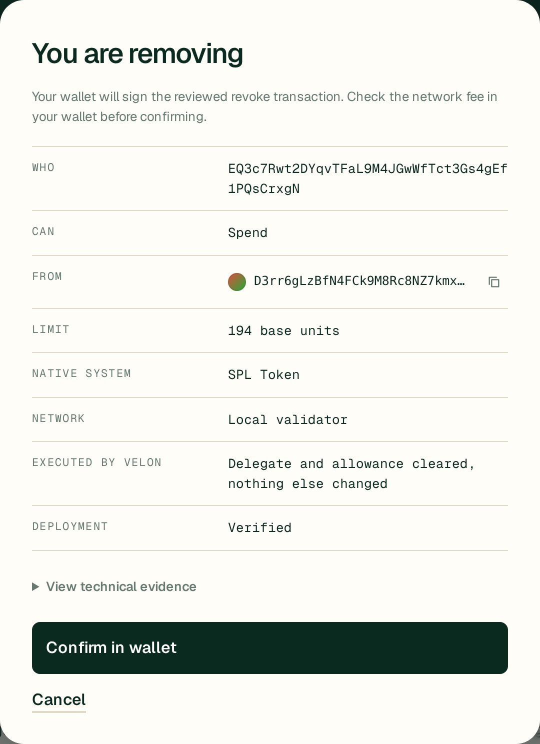 Velon review dialog before signing: who, what, limit, network, and the result Velon executed itself: delegate and allowance cleared, nothing else changed. Deployment verified.