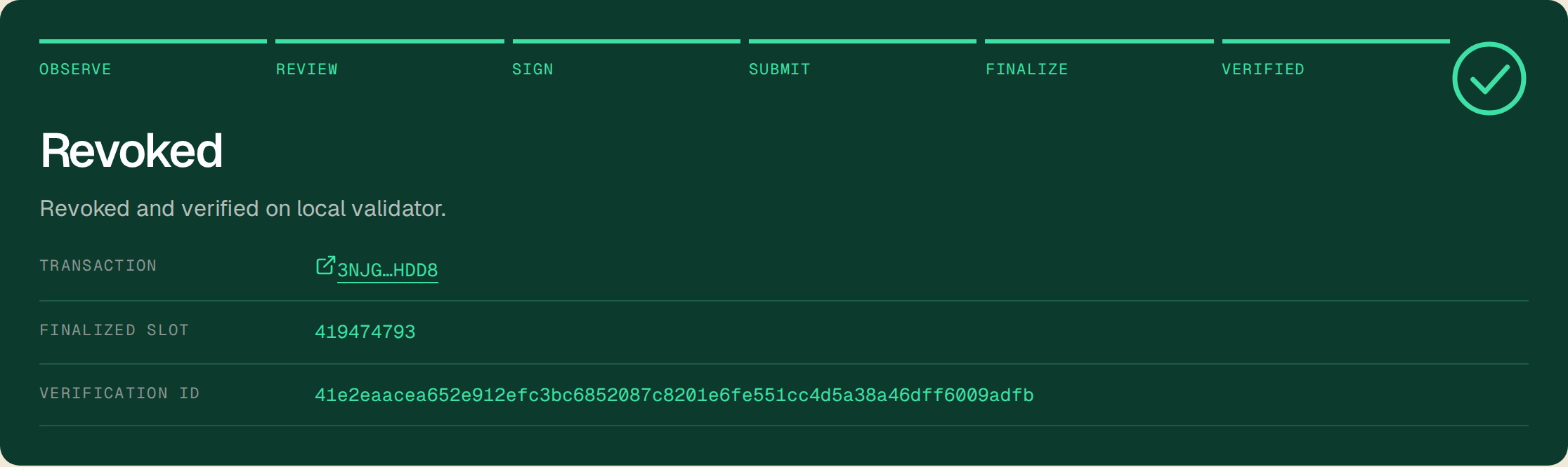 Velon result: Revoked and verified, with the transaction, finalized slot 419474793 and a verification ID.